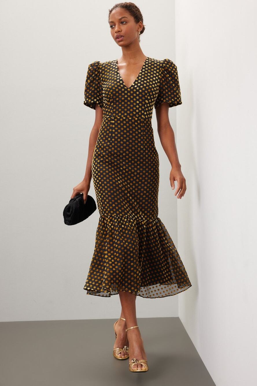 Rhode Anton Black Polka Dot Velvet V-Neck Flounce Midi Dress Size 2